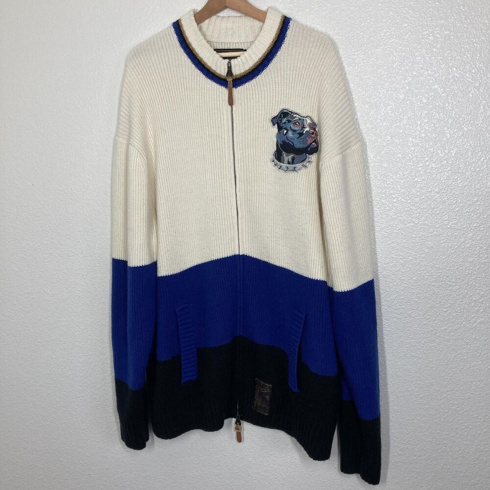 Akoo & Co Sweater Pitbull Dog Patch Mens 4XL Blue cream Full Zip Knit Elbow Pads